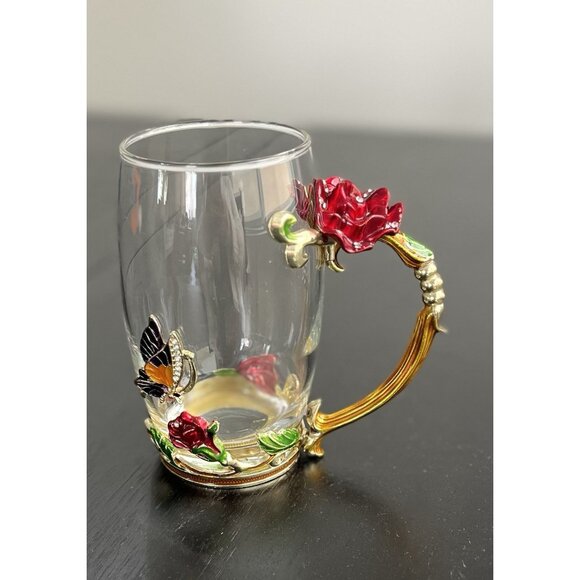 ARC France Glass Coffee Tea Cup Fairy Jeweled Enamel Red Rose Purple Butterfly - Picture 8 of 11